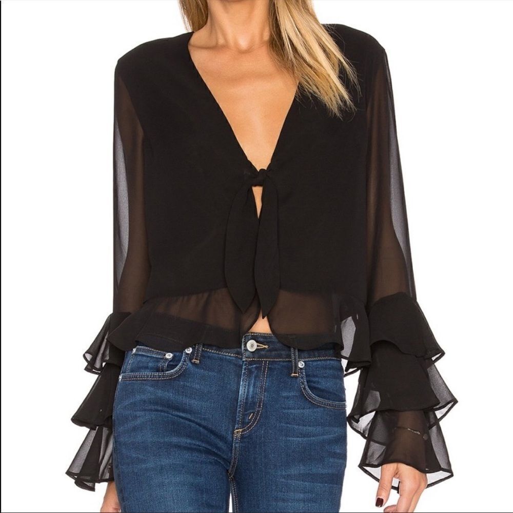 Tularosa Revolve Winnie Ruffle Sleeve Sheer Blouse Black Sz XS